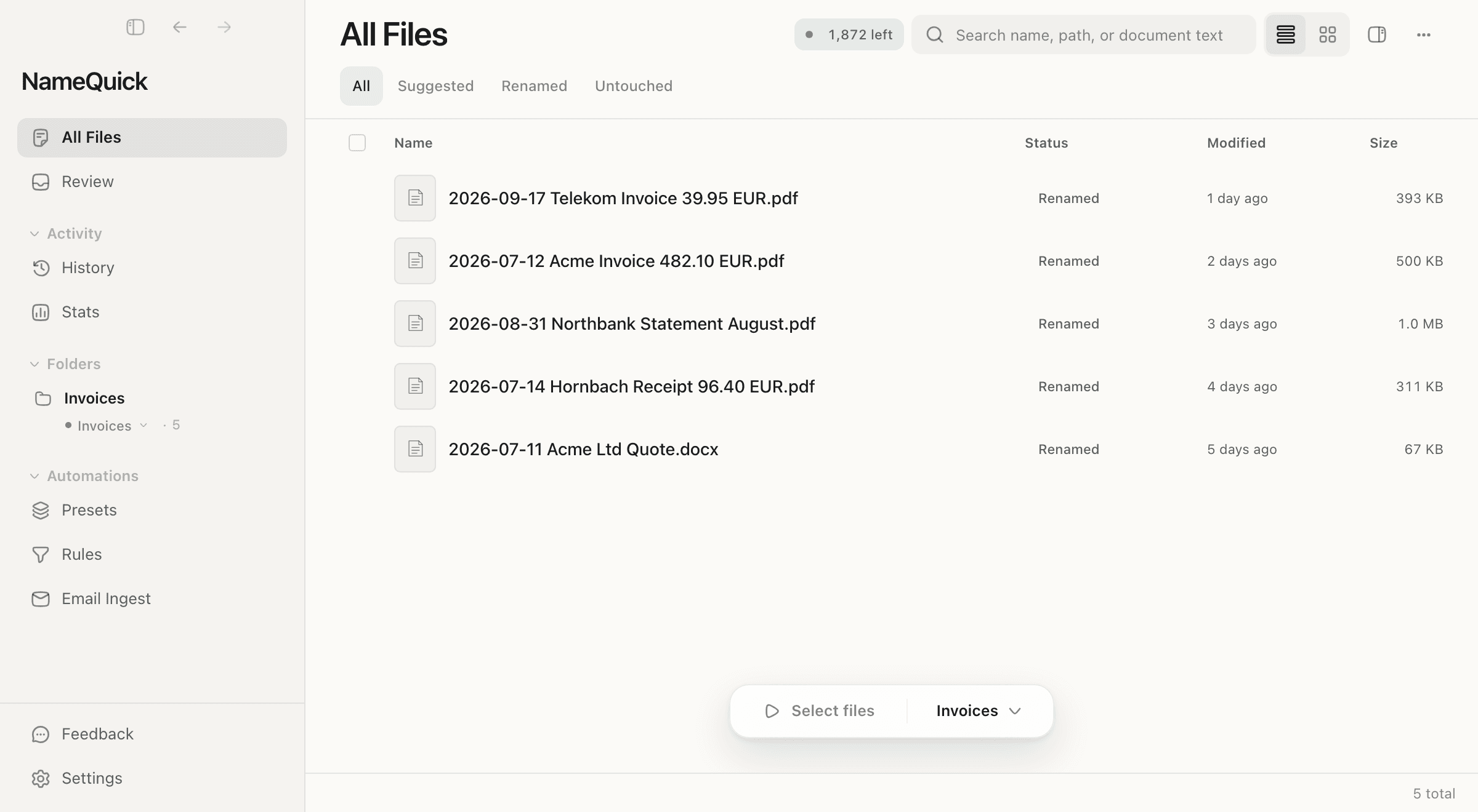 NameQuick 3: Downloads is added in the sidebar and given the Invoices Preset. Then two new files land in it and are renamed on arrival.