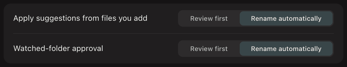 NameQuick's setting for files you add: Rename automatically is on, with Review first right beside it.