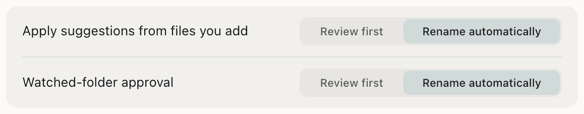 NameQuick's setting for files you add: Rename automatically is on, with Review first right beside it.