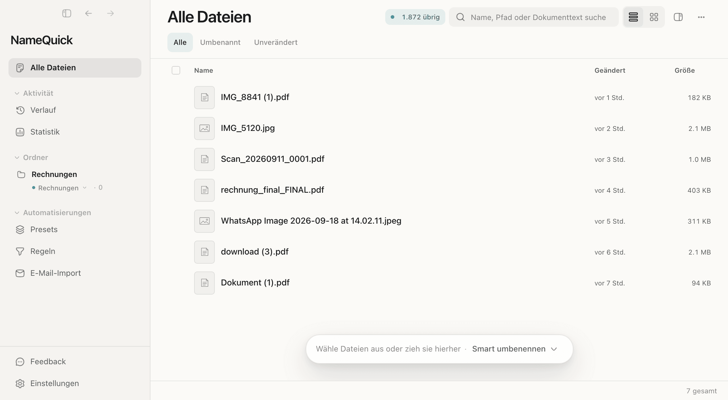 NameQuick 3: Sieben Rechnungen und Belege mit nichtssagenden Namen werden ausgewählt, bekommen das Preset Rechnungen und werden über „Umbenennen“ umbenannt.