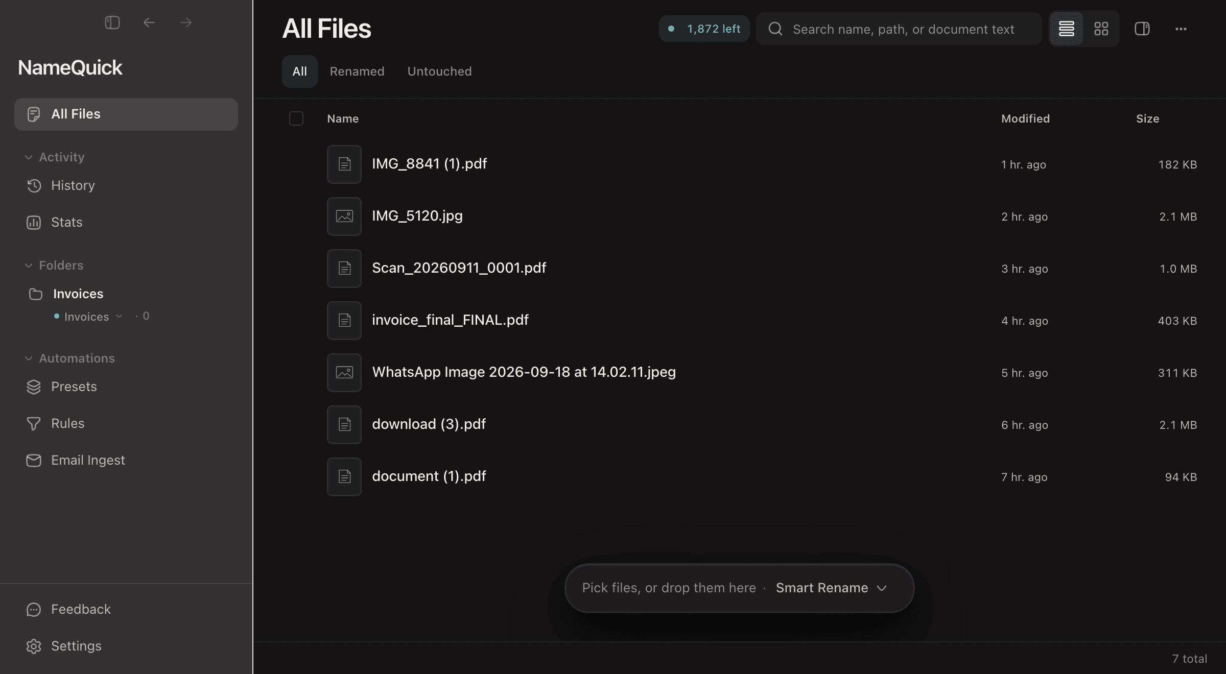 NameQuick 3: seven files with unclear names, mostly invoices and receipts, are selected, given the Invoices Preset and renamed with the Rename button.