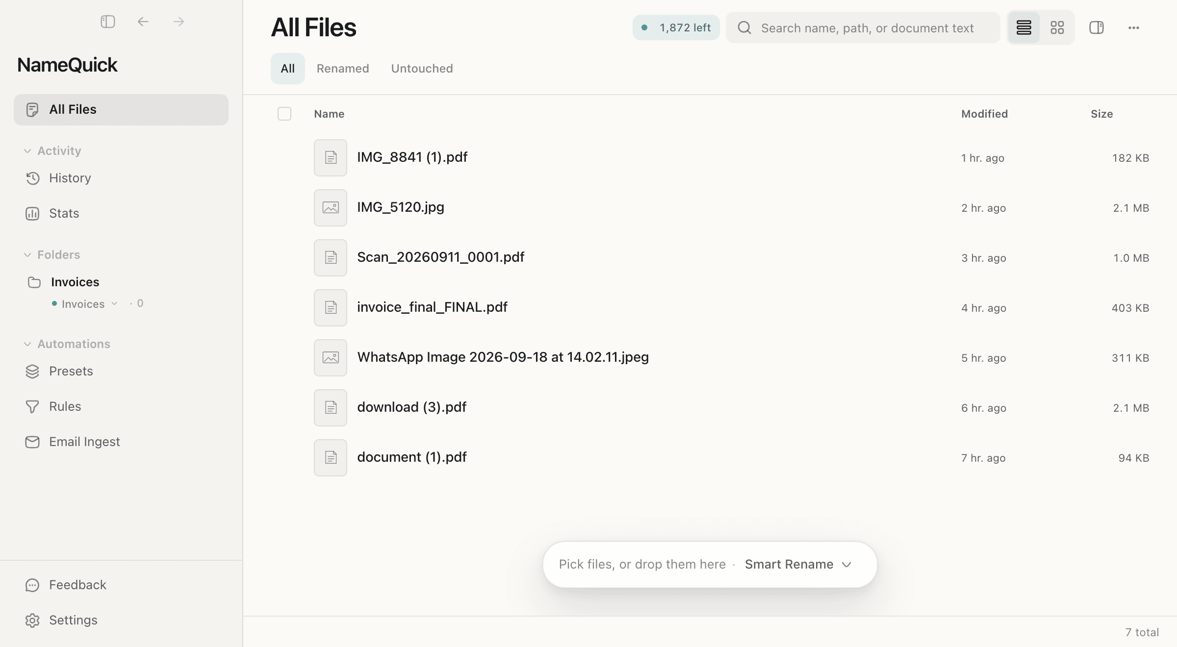NameQuick 3: seven files with unclear names, mostly invoices and receipts, are selected, given the Invoices Preset and renamed with the Rename button.
