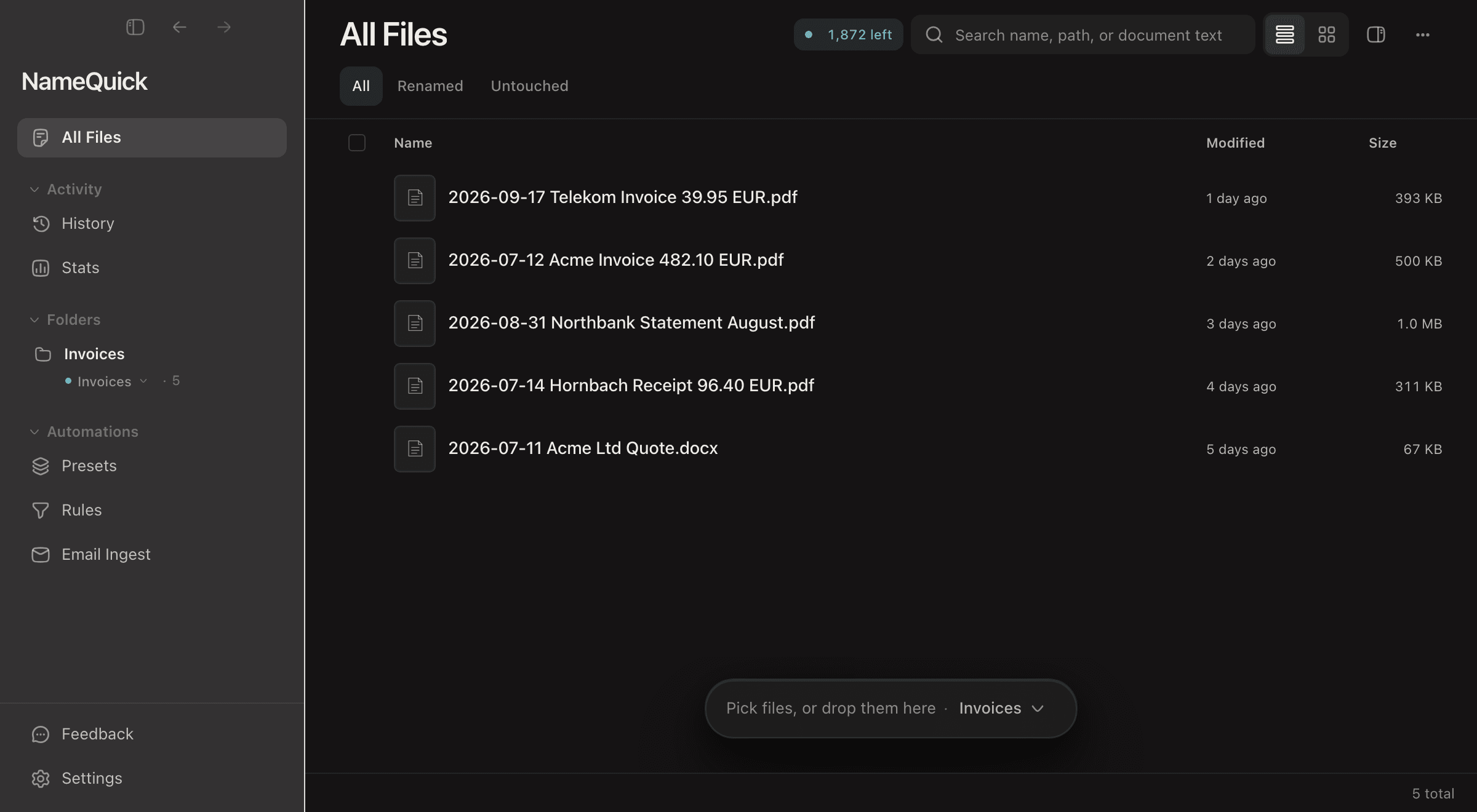NameQuick 3: Downloads is added in the sidebar and given the Invoices Preset. Then two new files land in it and are renamed on arrival.