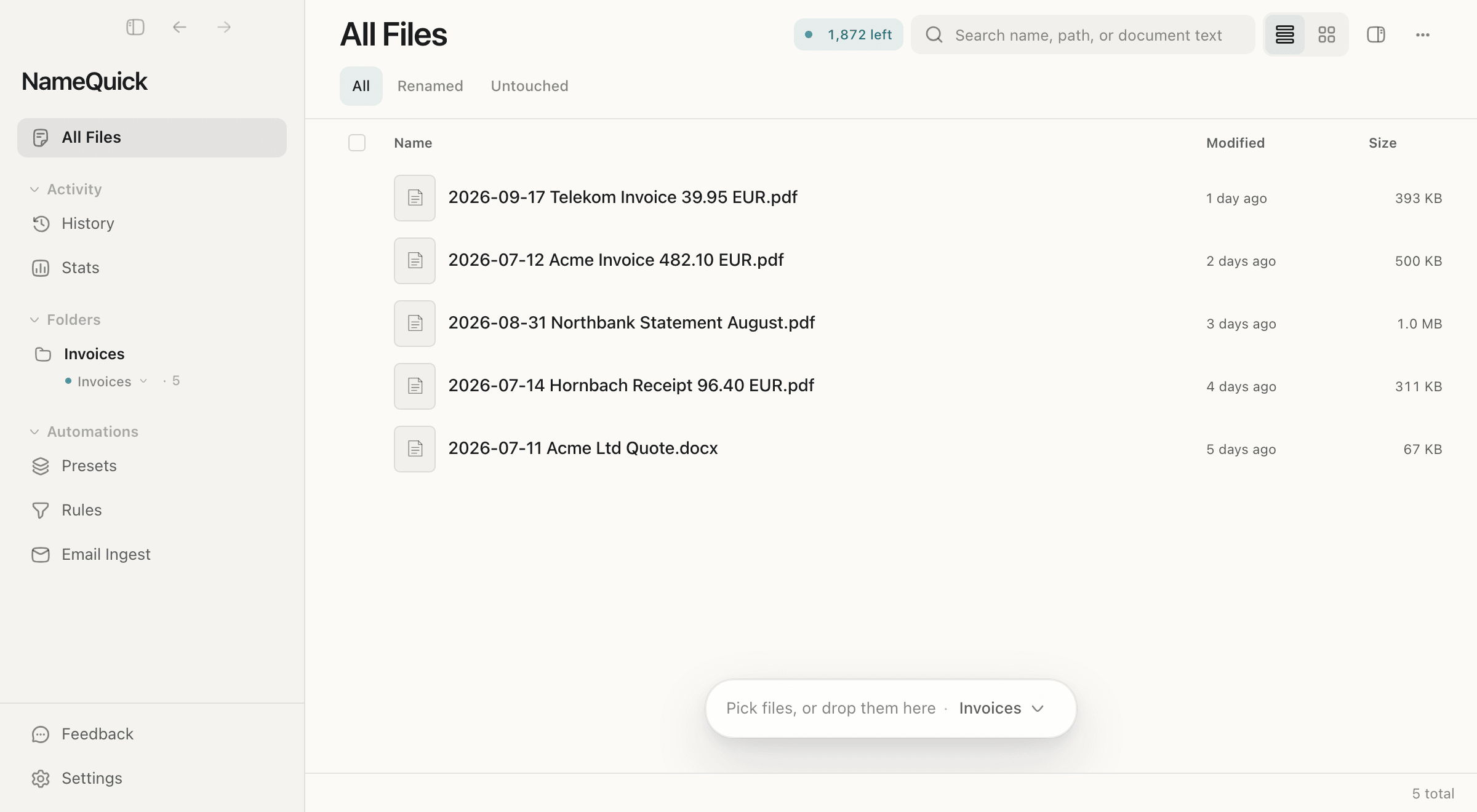 NameQuick 3: Downloads is added in the sidebar and given the Invoices Preset. Then two new files land in it and are renamed on arrival.