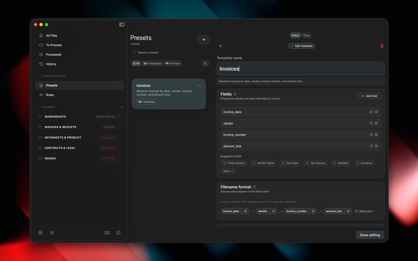 NameQuick preset editor showing watched folders and invoice fields for AI file organization