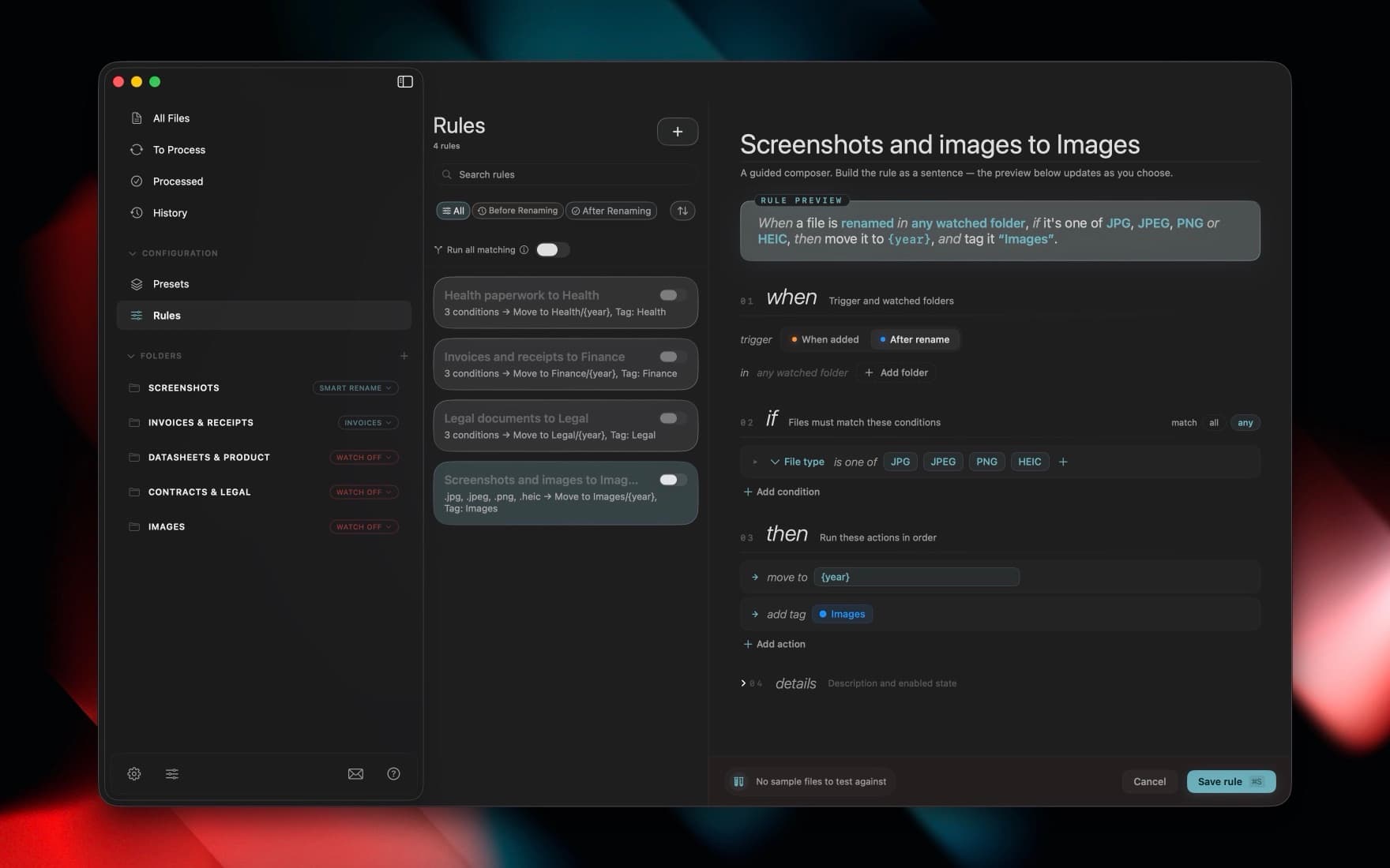 NameQuick rules editor showing an after-rename rule that moves image files into a year folder and adds a Finder tag