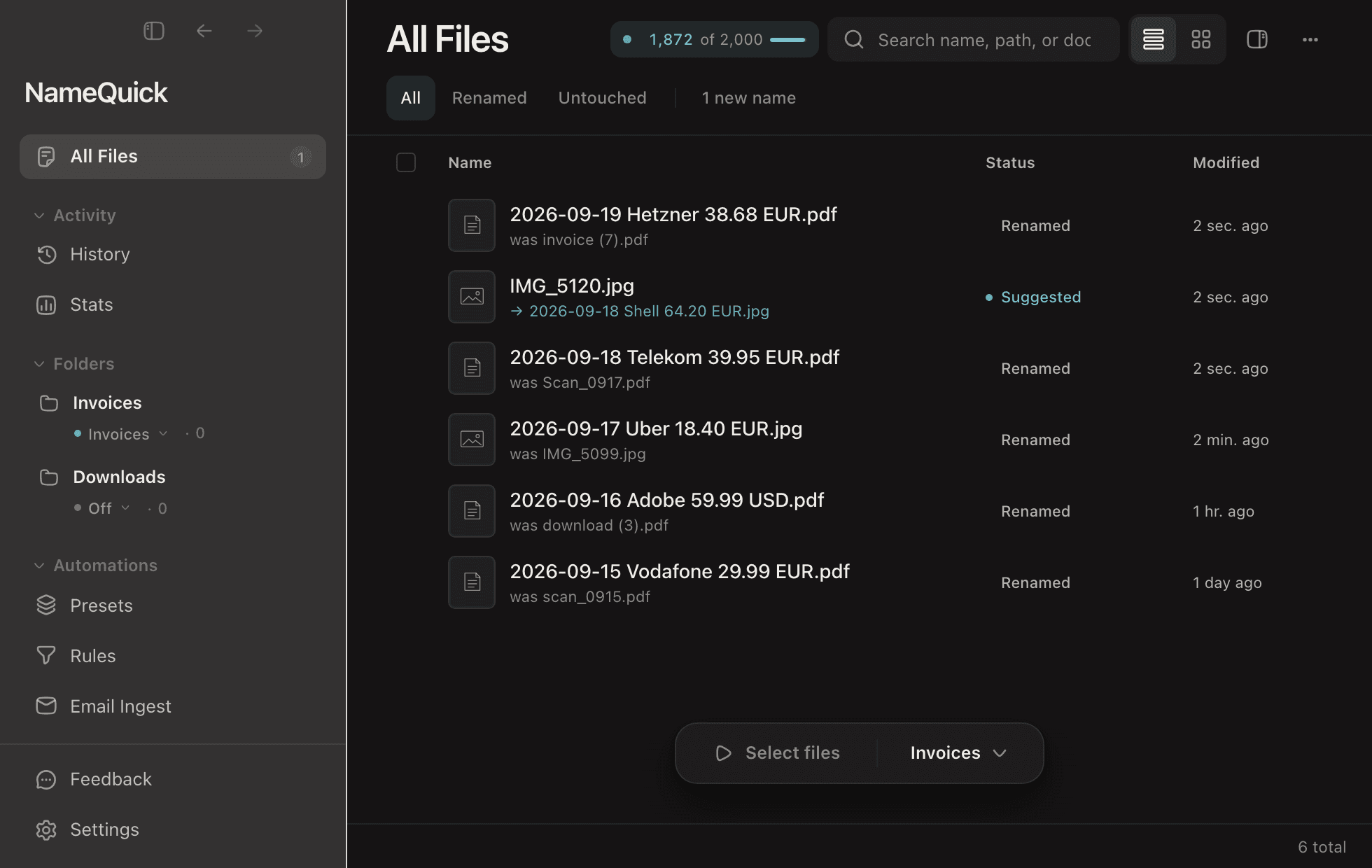 The NameQuick 3 file list: new files arrive in a watched folder, two are renamed by date, vendor and amount, and one new name waits for your OK.