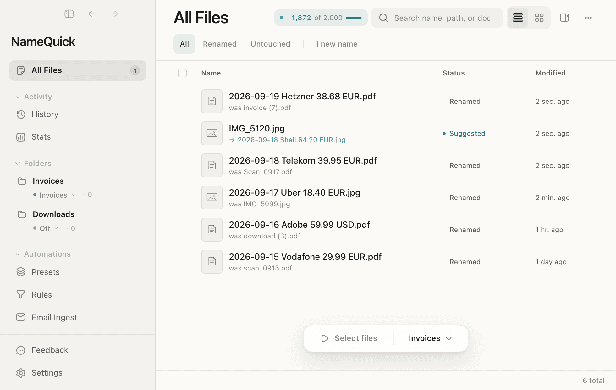 The NameQuick 3 file list: new files arrive in a watched folder, two are renamed by date, vendor and amount, and one new name waits for your OK.