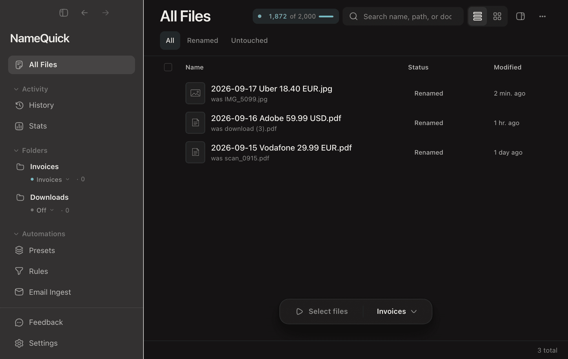 The NameQuick 3 file list: new files arrive in a watched folder, two are renamed by date, vendor and amount, and one new name waits for your OK.