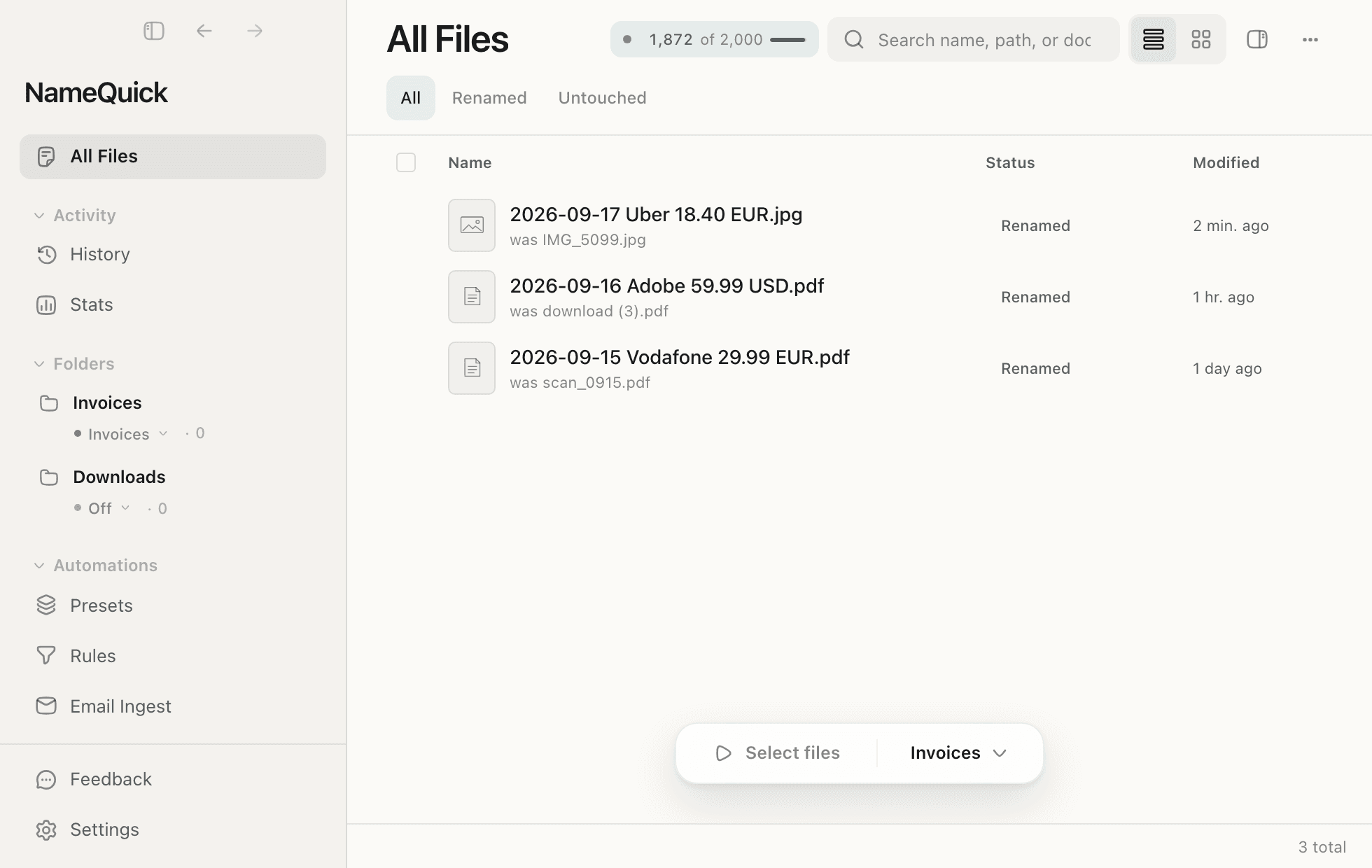 The NameQuick 3 file list: new files arrive in a watched folder, two are renamed by date, vendor and amount, and one new name waits for your OK.
