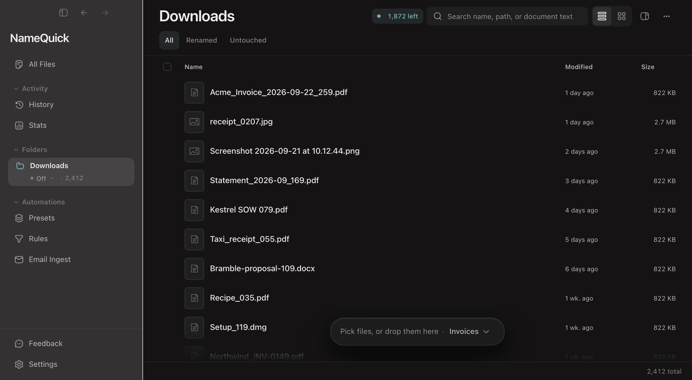 NameQuick 3.0.35 on a Mac: Downloads, with 2,412 files, is right-clicked in the sidebar and Organize into folders… is chosen. The start sheet gets the instruction “By client, and money by kind”, then Plan folders. NameQuick reads the files and plans 1,500 of them into 12 folders; 250 stay in Downloads and 250 need you, such as 36 recipes where no folder fits. File 1,500 files moves 1,499 of them, one is held back, and Undo would put every filed file back.