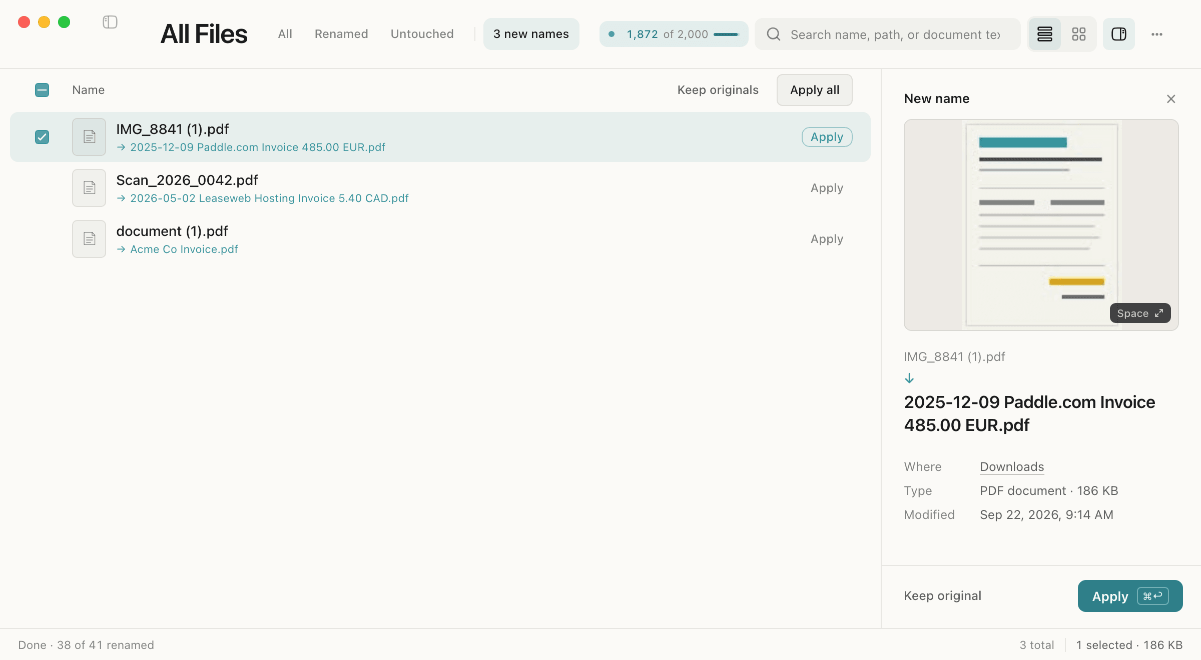 The NameQuick 3 file list with three invoices, each showing its original name and the new name waiting to be applied.
