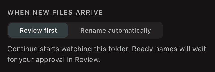 The When new files arrive field of the NameQuick 3 setup screen, set to Review first.
