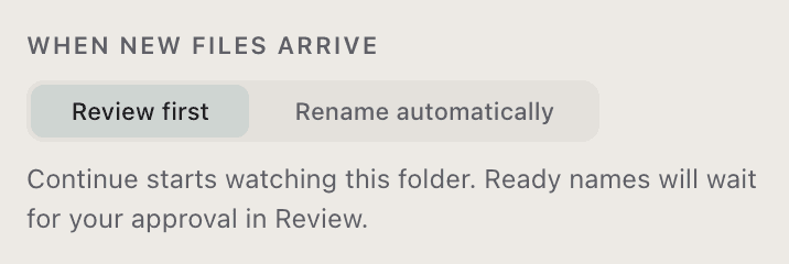 The When new files arrive field of the NameQuick 3 setup screen, set to Review first.