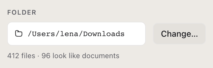 The Folder field of the NameQuick 3 setup screen, pointed at the Downloads folder.