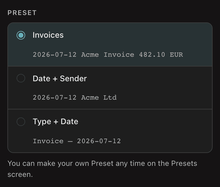 The Preset field of the NameQuick 3 setup screen, with an example name for each preset.
