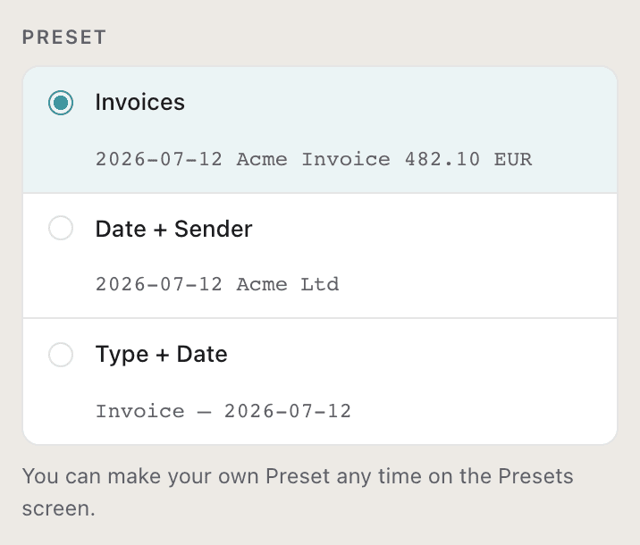 The Preset field of the NameQuick 3 setup screen, with an example name for each preset.