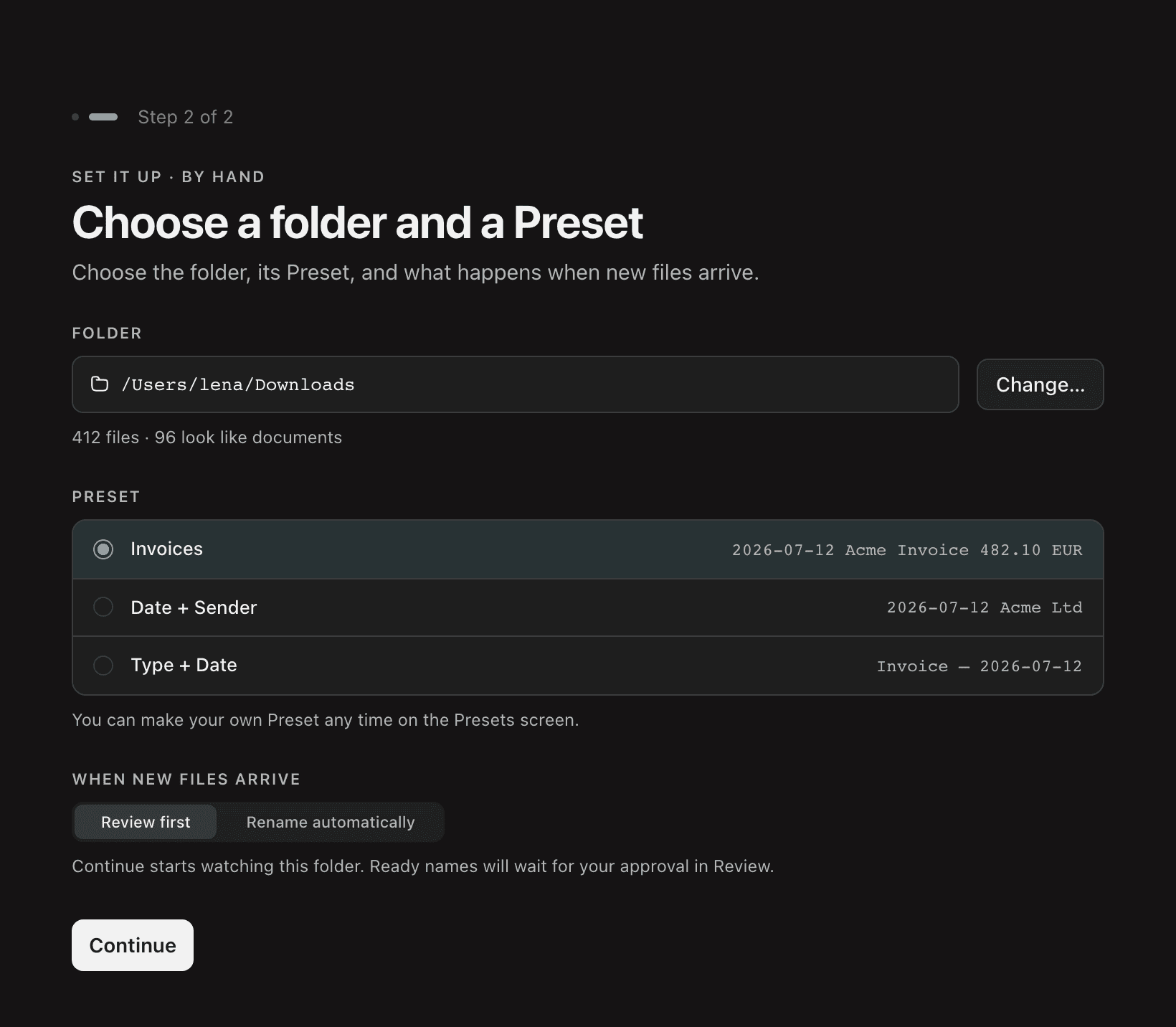 The NameQuick 3 setup screen: choose a folder, a preset, and what happens when new files arrive.