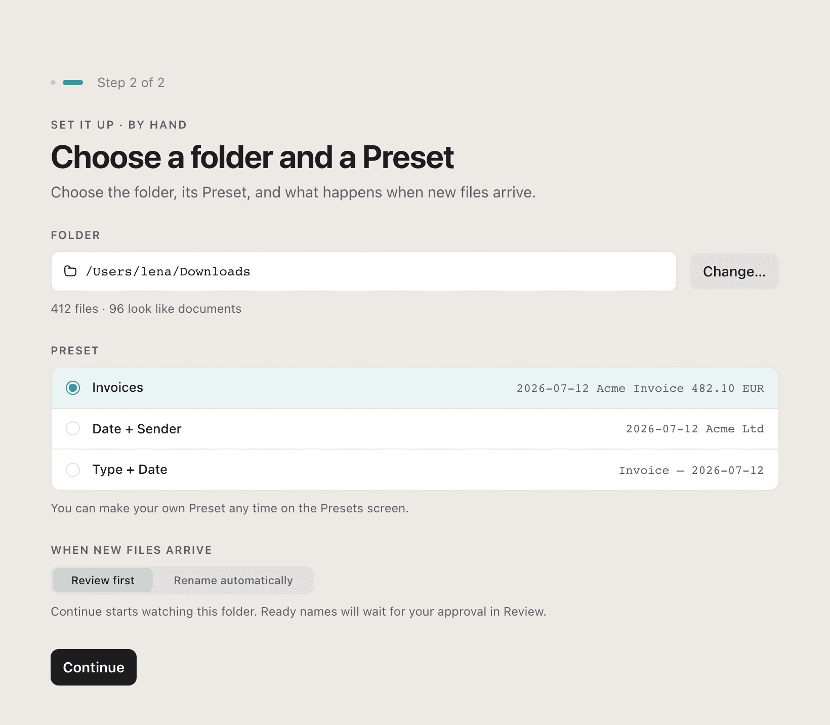 The NameQuick 3 setup screen: choose a folder, a preset, and what happens when new files arrive.