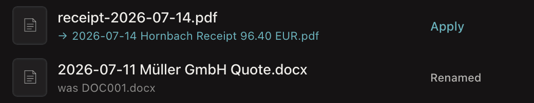 NameQuick's file list: a receipt with a suggested name waiting for Apply, and a quote that was already renamed.