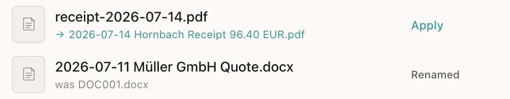 NameQuick's file list: a receipt with a suggested name waiting for Apply, and a quote that was already renamed.