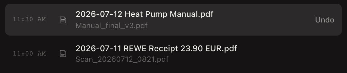 NameQuick's History: two renamed files, each with its old name underneath, and an Undo button.