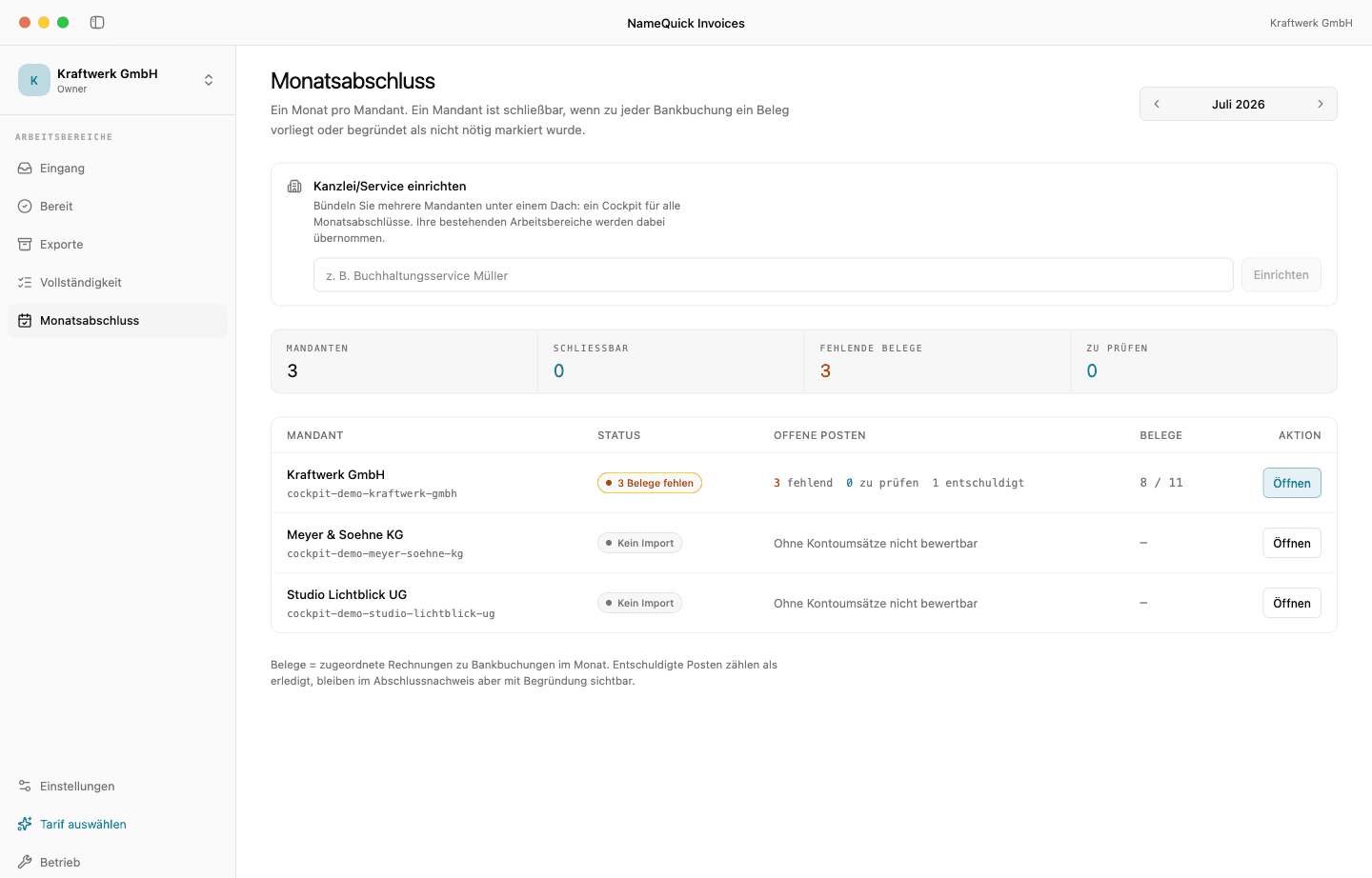 Cockpit eines Unternehmens: Bankbuchungen mit Belegstatus und fehlenden Belegen