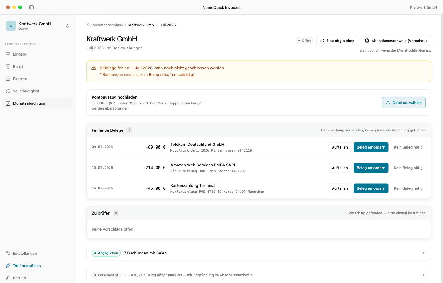 Monatsdetail eines Mandanten: Liste der fehlenden Belege je Bankbuchung mit Datum und Betrag