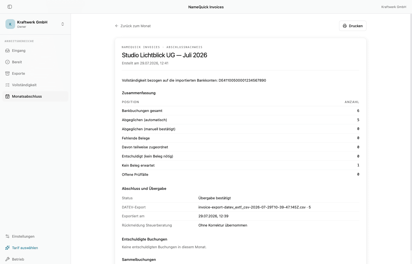 Abschlussnachweis eines Mandanten mit Zusammenfassung, DATEV-Export und bestätigter Übergabe
